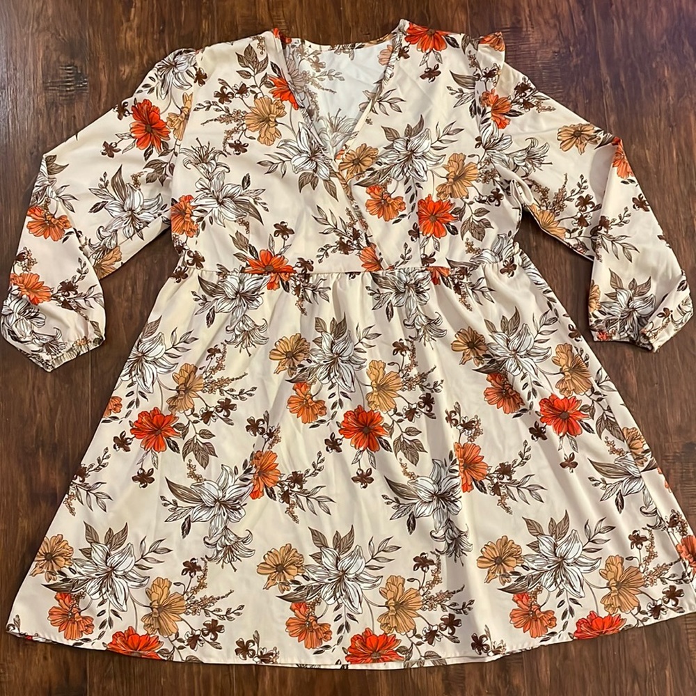 Nude Cream Beige Floral Dress Midi Long sleeve 2xl Xl 1x neutral